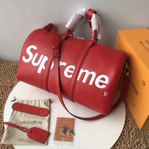 Louis Vuitton originální epi kožená kabelka SUPREME Keepall 45cm popruh M53419 červená