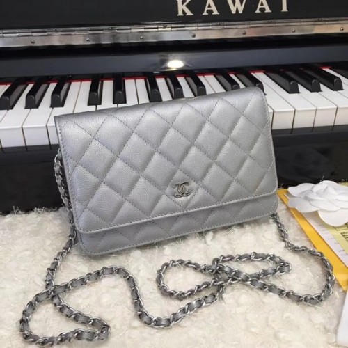 Chanel Original Caviar Leather Flap kabelka crossbody CF33814 stříbrně šedá stříbrný řetízek