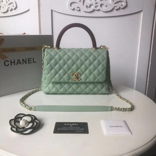 Chanel originální kožená kabelka s klopou Caviar s horním uchem A92991 mátově zelená
