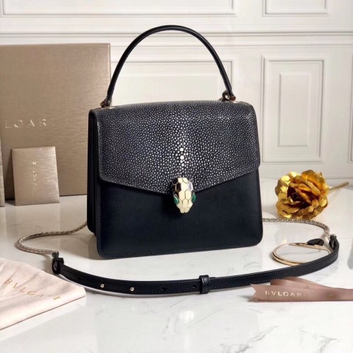 BVLGARI Serpenti Forever Devil Pearl Fish Skin kožená kabelka přes rameno 058962 černá