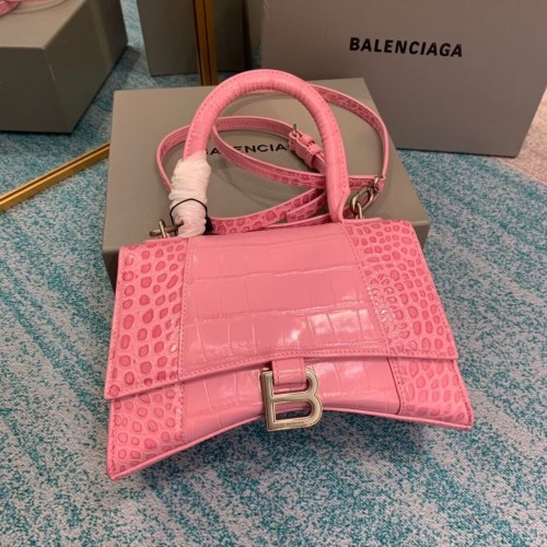 Malá kabelka Balenciaga HOURGLASS s horním uchem, telecí kůže s krokodýlím reliéfem B108895E růžová