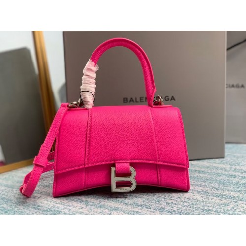 Balenciaga PŘESÝPACÍ HODINY XS TAŠKA S TOP HANDLE Zrnitá lýtková kůže B108896 neonově růžová