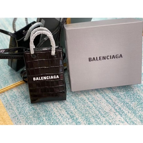 Balenciaga Originální lesklá krokodýlí kůže s reliéfní kůží Mini Shopper Bag B152865 černá