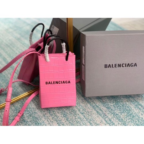 Balenciaga Originální lesklá krokodýlí kůže s reliéfní kůží Mini Shopper Bag B152865 růžová