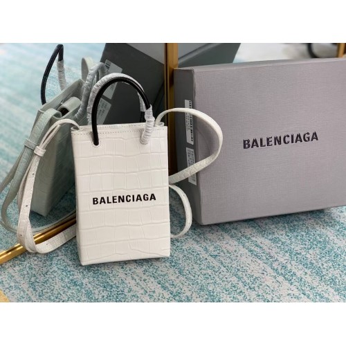 Balenciaga Originální lesklá krokodýlí kůže s reliéfním vzorem Mini Shopper Bag B152865 bílá