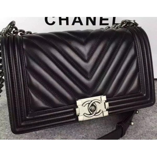 Chlapecká kabelka Chanel s klopou, originální Chevron Nubuck Leather A5708, černá