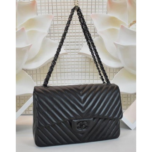Chlapecká kabelka Chanel Flap Bag z ovčí kůže Chevron Quilting A64306 Černá