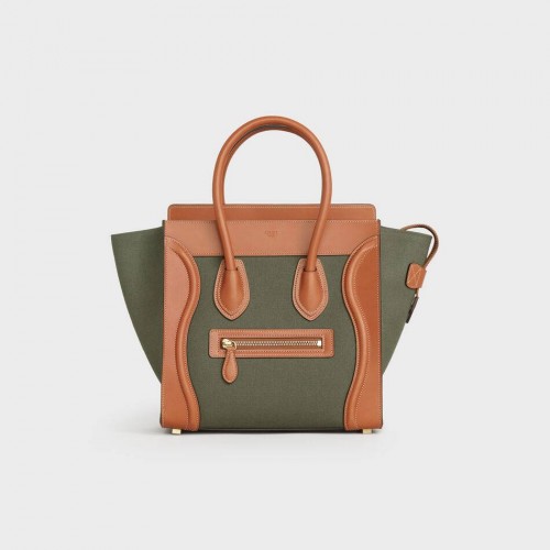 Kabelka Celine Micro Luggage z textilu a telecí kůže 167793 v hnědé a khaki barvě