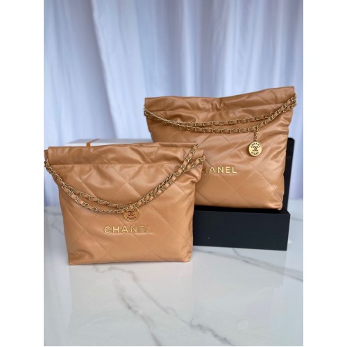 Kabelka CHANEL 22 Lesklá telecí kůže Zlatá kovová AS3261 AS3260 Hnědá