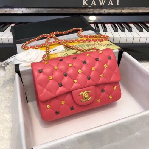 Klasická kabelka CHANEL z jehněčí kůže, zlatá, ruthenium, kov A01116, červená
