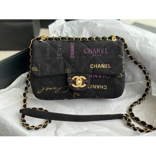 CHANEL Printed Denim Gold-Tone Metal AS3135 černé