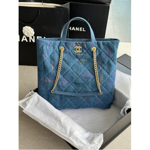 CHANEL Printed Denim Gold-Tone Metal AS3136 modré