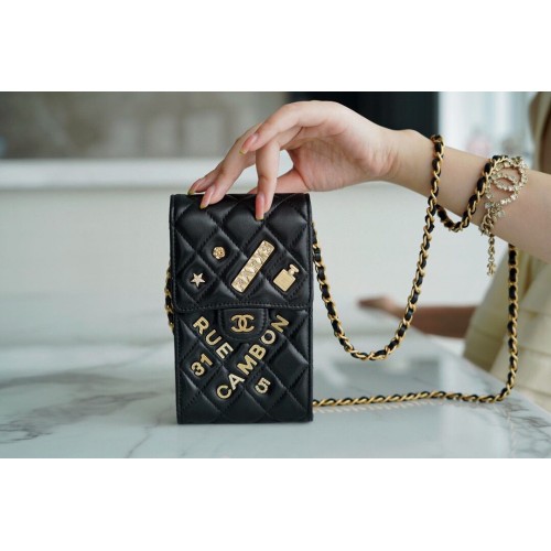 CHANEL Mikro mini kabelka přes rameno na řetízku AP2288 Černá