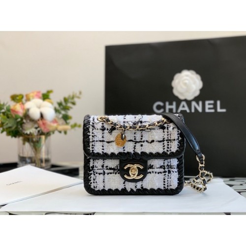 CHANEL Tweed Braided Calfskin Gold-Tone Metal AS6075 černá