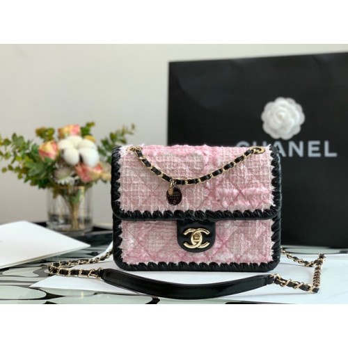 CHANEL Tweed Braided Calfskin Gold-Tone Metal AS6075 růžová