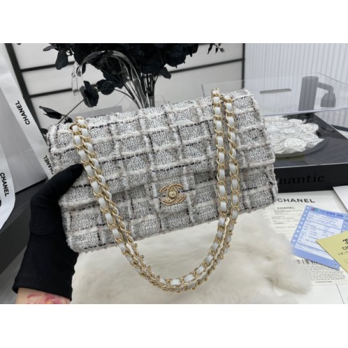 CHANEL Tweed Braided Sheepskin Gold-Tone Metal AS01112-1 šedá