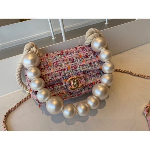 CHANEL Tweed Braided Sheepskin Gold-Tone Metal AS0593 růžová