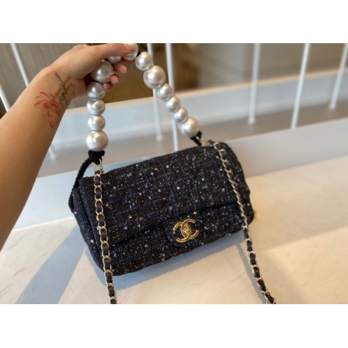 CHANEL Tweed Braided Sheepskin Gold-Tone Metal AS0594 černé