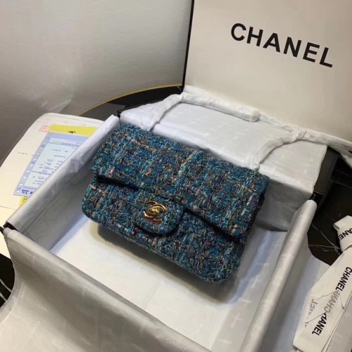 CHANEL Tweed telecí kůže - zlatý odstín - kovový odstín 1116 modrá