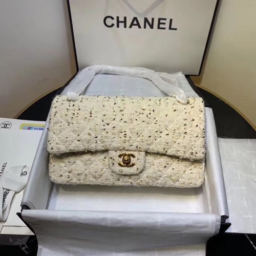 CHANEL Tweed telecí kůže - zlatá kovová AS1112 bílá