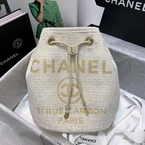 CHANEL Tweed kabelka z telecí kůže se stahovací šňůrkou, zlatá kovová, 60588 bílá