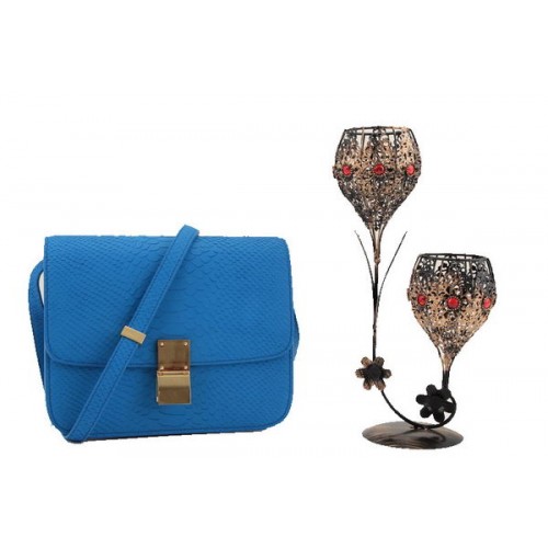 Celine Klasická malá klopová kabelka z hladké kůže 11042 modrá