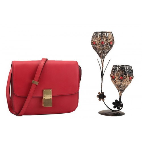 Celine Klasická malá klopová kabelka z hladké kůže 11042 tmavě červená