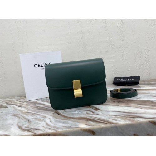 Celine Classic Box Teen Flap Bag Originální Telecí Kůže 3379 Tmavě Zelená