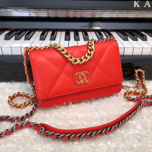 Chanel 19 Klasická kožená peněženka s řetízkem z ovčí kůže AP0957 oranžová, kovová, zlatá