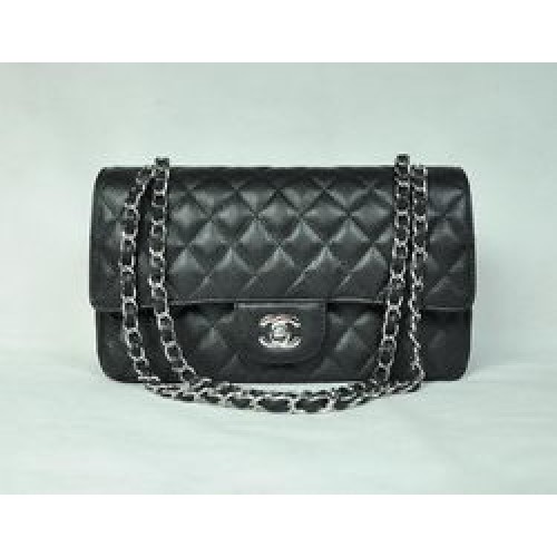 Prošívaná kabelka Chanel 2.55 Quilted Flap Bag 1112 černá se stříbrnými kování