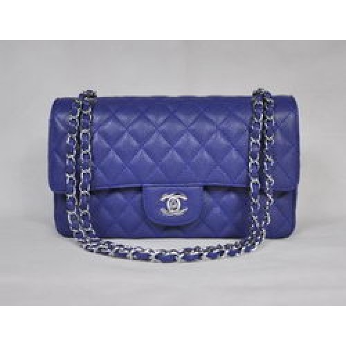 Prošívaná kabelka Chanel 2.55 Quilted Flap Bag 1112 modrá se stříbrnými kování