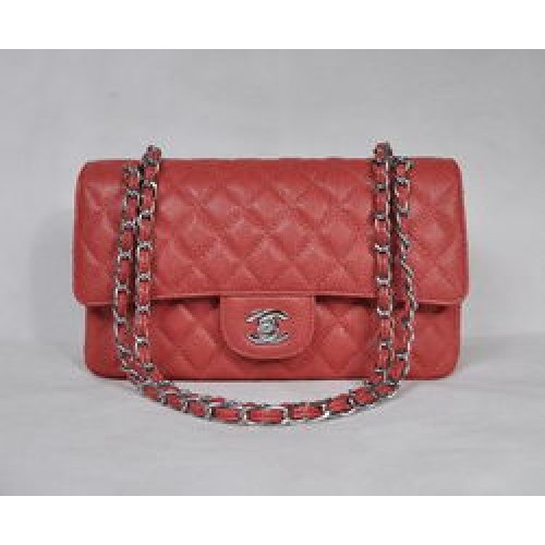 Prošívaná kabelka Chanel 2.55 Quilted Flap Bag 1112 červená se stříbrnými kování