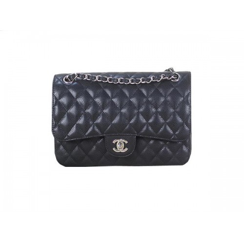 Chanel 2.55 Series Classic Flap Bag 1112 Černá Originální Cannage Pattern Leather Stříbrná