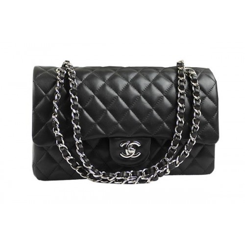 Chanel 2.55 Series Classic Flap Bag 1112 Černá Originální Ovčí Kůže Stříbrná