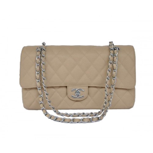 Levná kabelka Chanel 2.55 Series Flap Bag 1113 Apricot Leather Silver Hardware