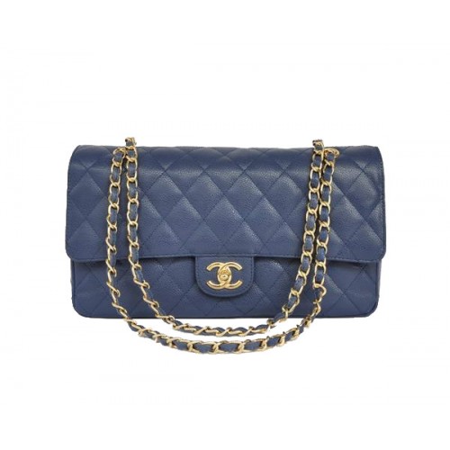 Levná kabelka Chanel 2.55 Series Flap Bag 1113 Modrá kůže se zlatým kováním