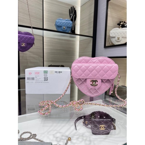 Chanel 2022S Love Heart Originální jehněčí crossbody kabelka AS3191Y růžová