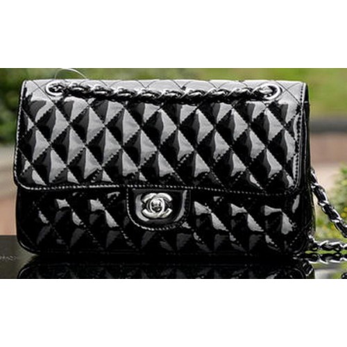 Kabelka Chanel 2.55 Series Flap Black Lacquer Leather A1112 Silver