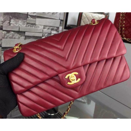 Kabelka Chanel 2.55 Series Flap Bag Burgundy Jehněčí Kůže Chevron Leather A5023 Zlatá