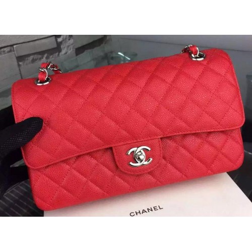 Kabelka Chanel 2.55 Series Flap, červená, kožená, s cannage vzorem, CF8024, stříbrná