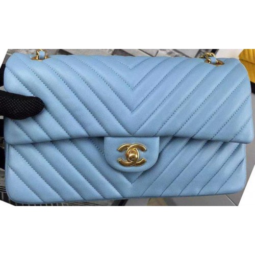 Kabelka Chanel 2.55 Series Flap Bag Sky Blue Lambskin Chevron Leather A5023 Gold