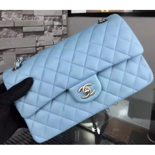 Kabelka Chanel 2.55 Series Flap Sky Blue z ovčí kůže A06375 stříbrná