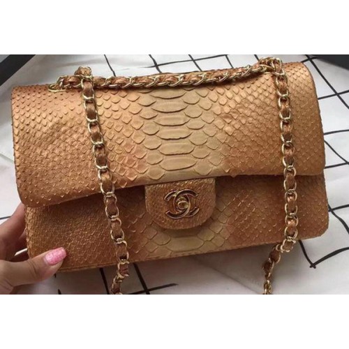 Chanel 2.55 Series Flap Bags Meruňkové Originální Python Kůže A1112SA Zlaté