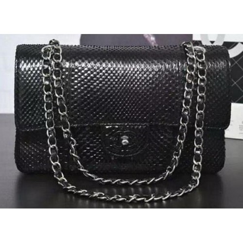 Kabelky Chanel řady 2.55 Flap, černé, originální, hadí kůže A1112SA, stříbrné