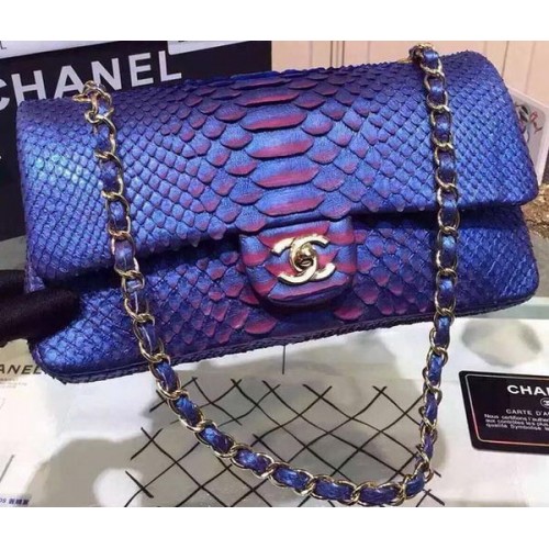 Kabelky Chanel řady 2.55 Flap, modré, originální pythonová kůže A1112SA, zlaté