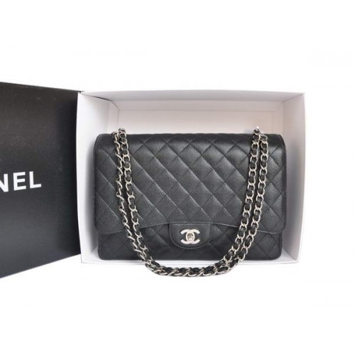 Chanel A47600 Černá originální kaviárová kožená jumbo kabelka s klopou stříbrná
