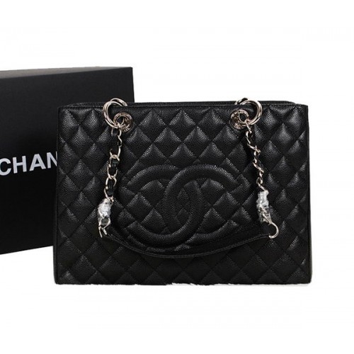 Chanel A50995 Černá originální kožená kabelka přes rameno stříbrná