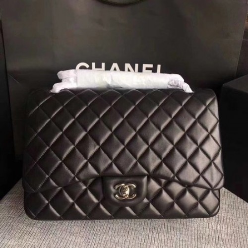 Chanel Maxi prošívaná klasická klopová kabelka černá ovčí kůže A58601 stříbrná