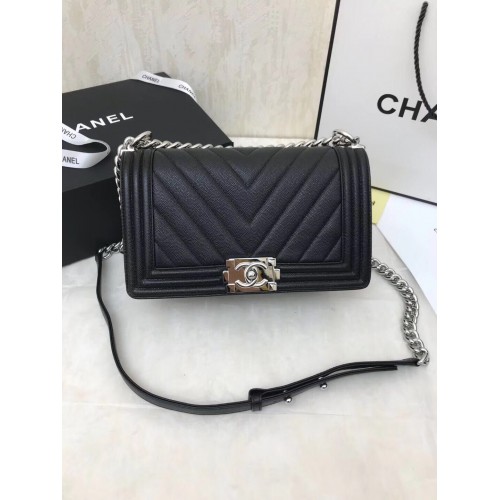 Chanel Boy Flap Caviar Original V kožená taška přes rameno černá A67086 stříbrná