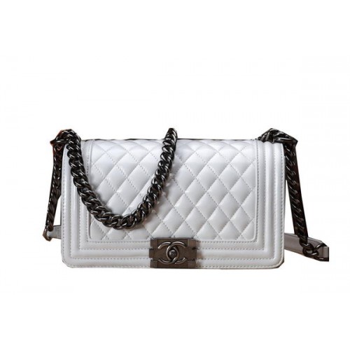 Chanel Boy Flap Shoulder Bag White Original Calfskin Leather CHA67086 Silver